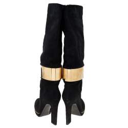 Sergio Rossi Black Suede Metal Cuff Knee Length Boots Size 39.5