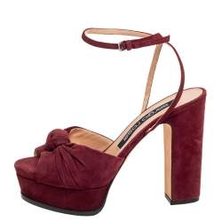 Pre Owned Sergio Rossi Burgundy Suede Kaia Knot Ankle-Strap Platform Sandals Size 38.5