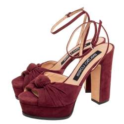 Pre Owned Sergio Rossi Burgundy Suede Kaia Knot Ankle-Strap Platform Sandals Size 38.5