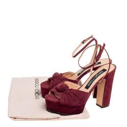 Pre Owned Sergio Rossi Burgundy Suede Kaia Knot Ankle-Strap Platform Sandals Size 38.5