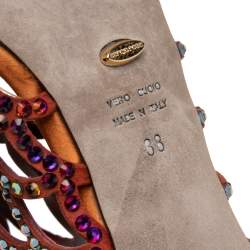 Pre Owned Sergio Rossi Multicolor Suede Crystal Embellished Peep Toe Caged Booties Size 38