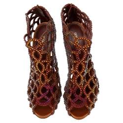 Pre Owned Sergio Rossi Multicolor Suede Crystal Embellished Peep Toe Caged Booties Size 38