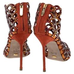 Pre Owned Sergio Rossi Multicolor Suede Crystal Embellished Peep Toe Caged Booties Size 38