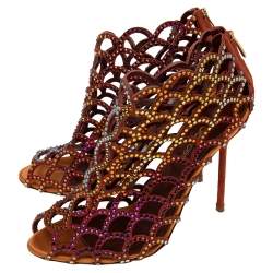 Pre Owned Sergio Rossi Multicolor Suede Crystal Embellished Peep Toe Caged Booties Size 38