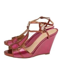 Sergio Rossi Pink/Metallic Bronze Patent And Leather Wedge Ankle Strap Sandals Size 38