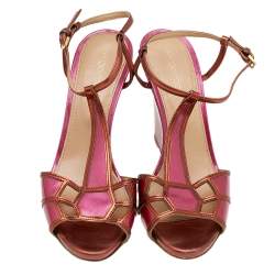 Sergio Rossi Pink/Metallic Bronze Patent And Leather Wedge Ankle Strap Sandals Size 38