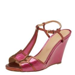 Sergio Rossi Pink/Metallic Bronze Patent And Leather Wedge Ankle Strap Sandals Size 38