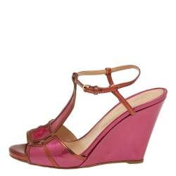 Sergio Rossi Pink/Metallic Bronze Patent And Leather Wedge Ankle Strap Sandals Size 38