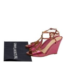 Sergio Rossi Pink/Metallic Bronze Patent And Leather Wedge Ankle Strap Sandals Size 38