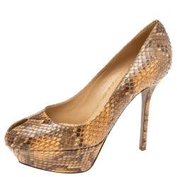 Pre Owned حذاء كعب عالي سيرجيو روسي نعل سميك مقدمة مفتوحة جلد ثعبان بيج/ بني مقاس 38