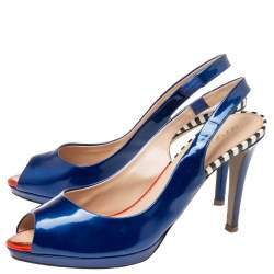 مملوكة مسبقًا Sergio Rossi Blue Patent Leather Slingback Peep Toe Platform Sandals Size 38