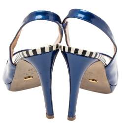 مملوكة مسبقًا Sergio Rossi Blue Patent Leather Slingback Peep Toe Platform Sandals Size 38
