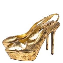 Pre Owned Sergio Rossi Gold Leather Cachet Peep-Toe Platform Slingback Pumps Size 38.5