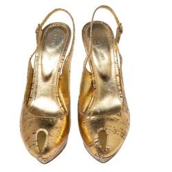 Pre Owned Sergio Rossi Gold Leather Cachet Peep-Toe Platform Slingback Pumps Size 38.5