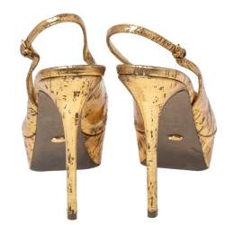 Pre Owned Sergio Rossi Gold Leather Cachet Peep-Toe Platform Slingback Pumps Size 38.5