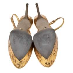 Pre Owned Sergio Rossi Gold Leather Cachet Peep-Toe Platform Slingback Pumps Size 38.5