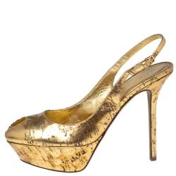 Pre Owned Sergio Rossi Gold Leather Cachet Peep-Toe Platform Slingback Pumps Size 38.5