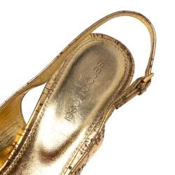 Pre Owned Sergio Rossi Gold Leather Cachet Peep-Toe Platform Slingback Pumps Size 38.5