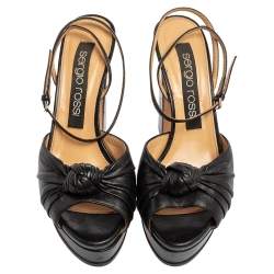 Pre Owned صندل سيرجيو روسي جلد أسود بعقدة نعل سميك سير كاحل مقاس 38.5