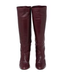 Pre Owned Sergio Rossi Burgundy Leather Knee Length Boots Size 37