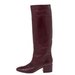 Pre Owned Sergio Rossi Burgundy Leather Knee Length Boots Size 37
