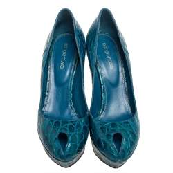 Pre Owned Sergio Rossi Blue Alligator Leather Peep Toe Platform Pumps Size 38