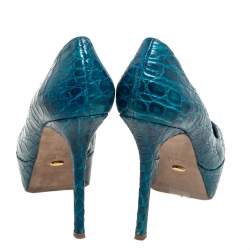 Pre Owned Sergio Rossi Blue Alligator Leather Peep Toe Platform Pumps Size 38