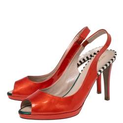 Sergio Rossi Orange Patent Leather Peep-Toe Platform Slingback Pumps Size 38