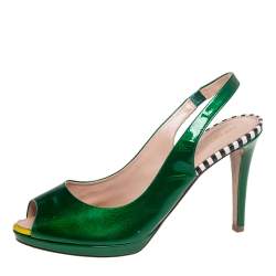 Pre Owned حذاء كعب عالي سيرجيو روسي جلد أخضر لامع مقدمة مفتوحة نعل سميك مقاس 38