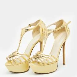 Pre Owned صندل سيرجيو روسي جلد لامع كريمي نعل سميك بسيور مرصعة مقاس 36.5