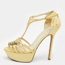 Pre Owned صندل سيرجيو روسي جلد لامع كريمي نعل سميك بسيور مرصعة مقاس 36.5