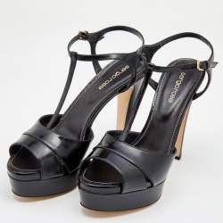 Pre Owned صندل سيرجيو روسي جلد أسود لامع حزام للكاحل نعل سميك مقاس 40