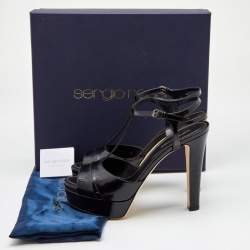 Pre Owned صندل سيرجيو روسي جلد أسود لامع حزام للكاحل نعل سميك مقاس 40