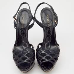 مملوكة مسبقًا Sergio Rossi Black Patent Leather Cut Out Platform Ankle Strap Sandals Size 35