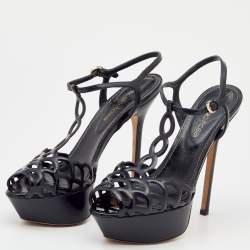 مملوكة مسبقًا Sergio Rossi Black Patent Leather Cut Out Platform Ankle Strap Sandals Size 35