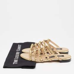 Pre Owned Sergio Rossi Gold Crystal Studded Leather Flat Slides Size 36