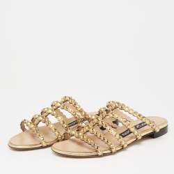 Pre Owned Sergio Rossi Gold Crystal Studded Leather Flat Slides Size 36