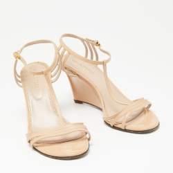 Pre Owned صندل سيرجيو روسي جلد بيج لامع بسيور كعب روكي مقاس 37