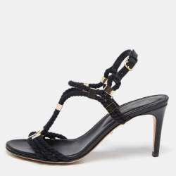 مملوكة مسبقًا Sergio Rossi Black Leather And Rope Slingback Sandals Size 36
