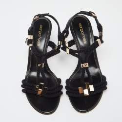 مملوكة مسبقًا Sergio Rossi Black Leather And Rope Slingback Sandals Size 36