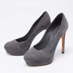 Sergio Rossi Grey Suede Leather Round Toe Platform Pumps Size 37.5 