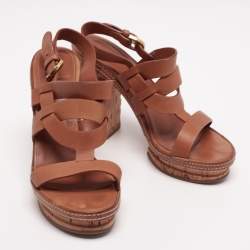 Pre Owned صندل سيرجيو روسي جلد بني نعل سميك كعب فيلين مقاس 38.5