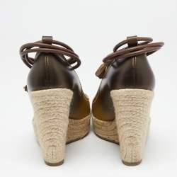 Pre Owned Sergio Rossi Ombre Gold Leather and Jute Ankle Wrap Wedge Pumps Size 39.5