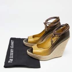 Pre Owned Sergio Rossi Ombre Gold Leather and Jute Ankle Wrap Wedge Pumps Size 39.5