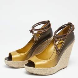 Pre Owned Sergio Rossi Ombre Gold Leather and Jute Ankle Wrap Wedge Pumps Size 39.5