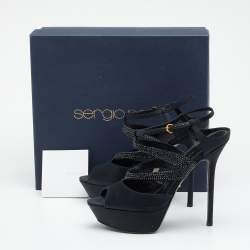 Sergio Rossi Black Satin Embellished  Ankle Strap Sandals Size 39