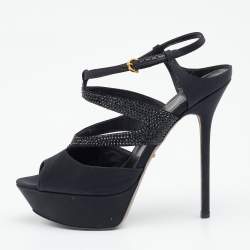 Sergio Rossi Black Satin Embellished  Ankle Strap Sandals Size 39