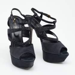 Sergio Rossi Black Satin Embellished  Ankle Strap Sandals Size 39