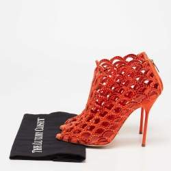 Pre Owned Sergio Rossi Orange Crystal Embellished Suede Cut Out Peep Toe Ankle Booties Size 37