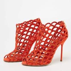 Pre Owned Sergio Rossi Orange Crystal Embellished Suede Cut Out Peep Toe Ankle Booties Size 37